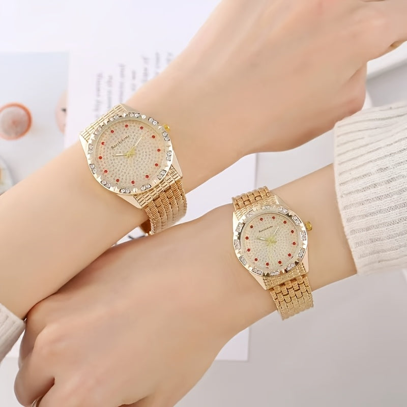 Conjunto de relojes elegantes para parejas: relojes de pulsera de cuarzo de lujo con incrustaciones de diamantes de imitación y correa de aleación dorada ajustable, caja glamorosa de oro rosa para hombres y mujeres