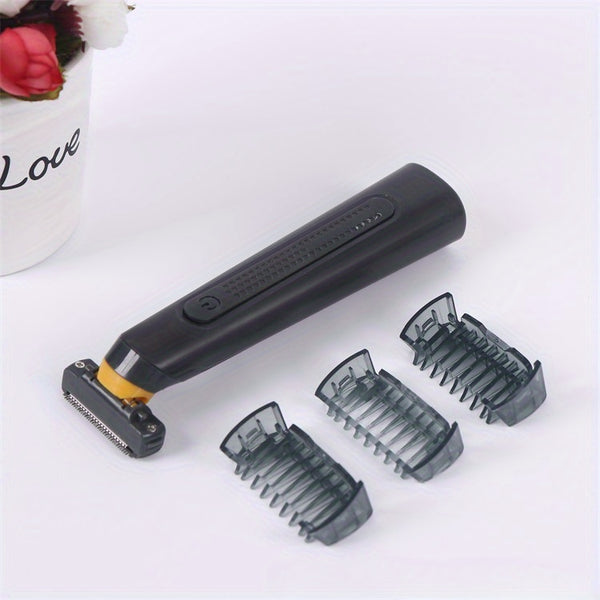 Recortadora eléctrica para hombres recargable por USB - Elegante diseño en negro con detalles amarillos, batería de 800mAh, incluye 3 peines de aseo, afeitadora portátil mini.