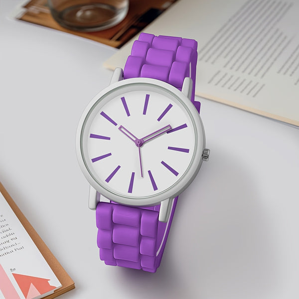 Reloj de cuarzo redondo sencillo y elegante - Reloj de pulsera casual de moda con correa de silicona para mujeres - Caja no de aleación, marcadores de barra, varios colores, operado con batería (batería de botón ＜20mm)