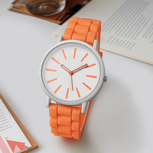 Reloj de cuarzo redondo sencillo y elegante - Reloj de pulsera casual de moda con correa de silicona para mujeres - Caja no de aleación, marcadores de barra, varios colores, operado con batería (batería de botón ＜20mm)