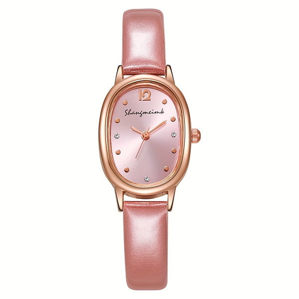 Reloj de cuarzo elegante con puntero ovalado para mujer, reloj de pulsera de cuero PU con diseño analógico de moda, regalo para mamá o ella.