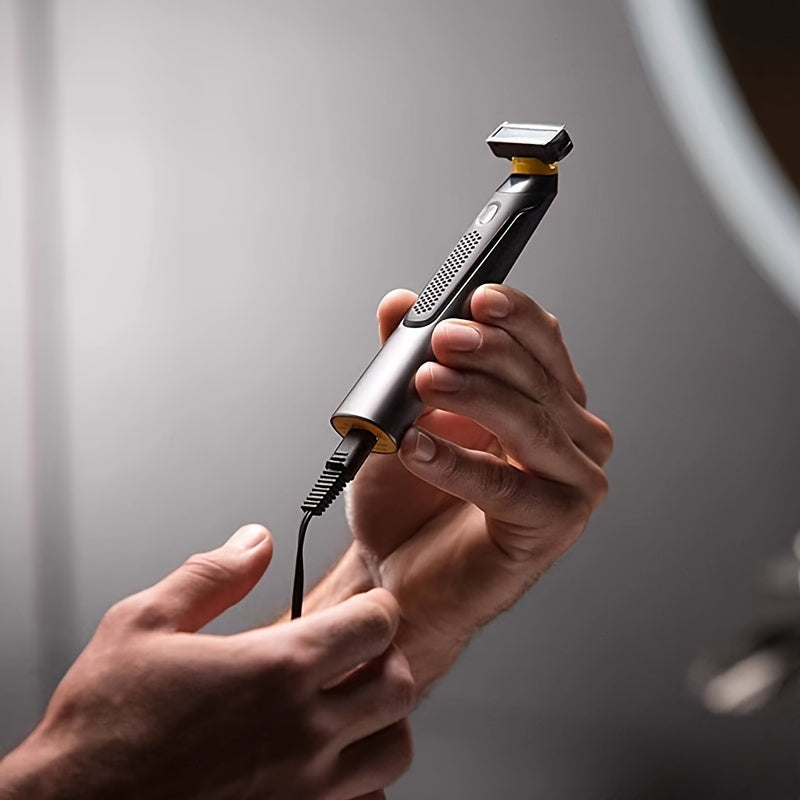 Recortadora eléctrica para hombres recargable por USB - Elegante diseño en negro con detalles amarillos, batería de 800mAh, incluye 3 peines de aseo, afeitadora portátil mini.