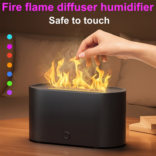 Humidificador con forma de llama simulada y 7 colores, que también funciona como difusor de fragancias con aceites esenciales. Incluye luz ambiental y es ideal como regalo de cumpleaños o Navidad para el hogar u oficina.