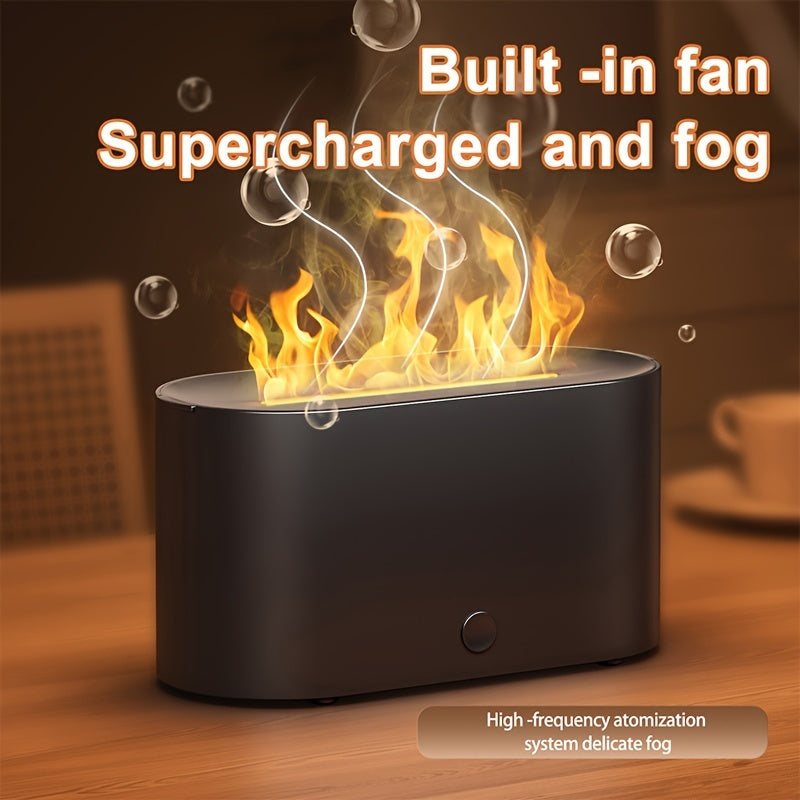 Humidificador con forma de llama simulada y 7 colores, que también funciona como difusor de fragancias con aceites esenciales. Incluye luz ambiental y es ideal como regalo de cumpleaños o Navidad para el hogar u oficina.