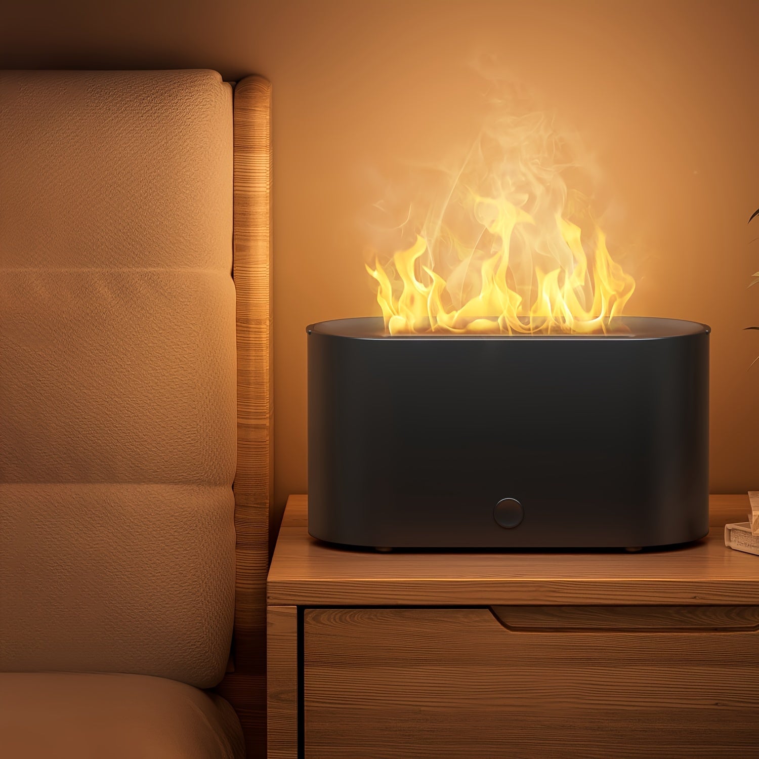 Humidificador con forma de llama simulada y 7 colores, que también funciona como difusor de fragancias con aceites esenciales. Incluye luz ambiental y es ideal como regalo de cumpleaños o Navidad para el hogar u oficina.