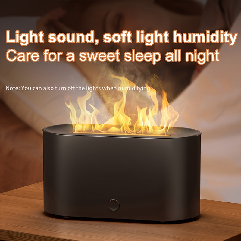 Humidificador con forma de llama simulada y 7 colores, que también funciona como difusor de fragancias con aceites esenciales. Incluye luz ambiental y es ideal como regalo de cumpleaños o Navidad para el hogar u oficina.