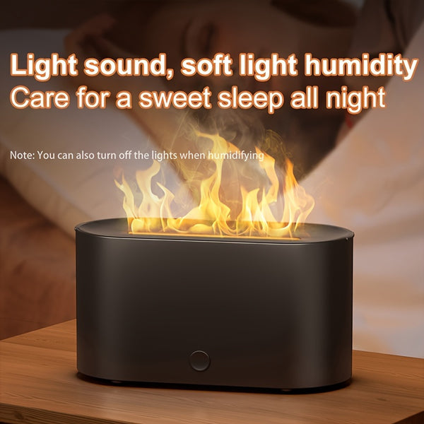 Humidificador con forma de llama simulada y 7 colores, que también funciona como difusor de fragancias con aceites esenciales. Incluye luz ambiental y es ideal como regalo de cumpleaños o Navidad para el hogar u oficina.