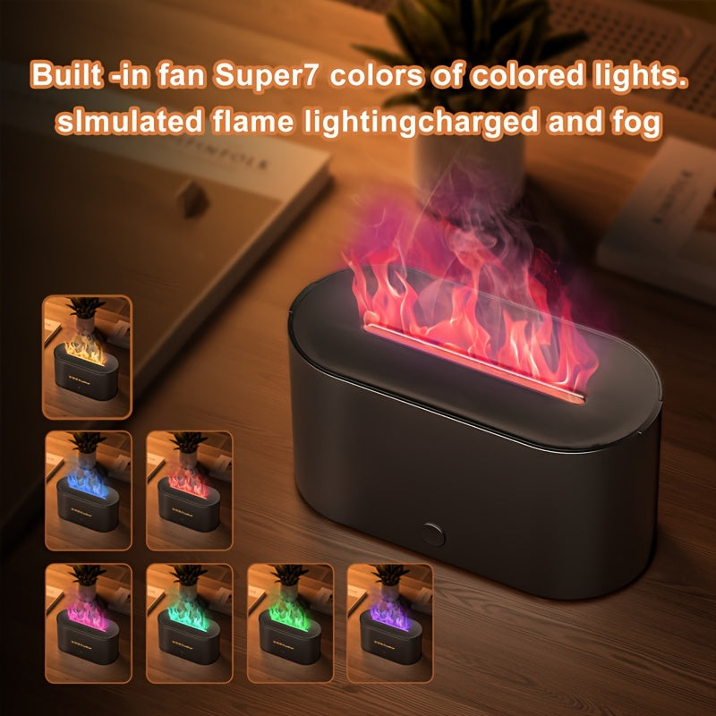 Humidificador con forma de llama simulada y 7 colores, que también funciona como difusor de fragancias con aceites esenciales. Incluye luz ambiental y es ideal como regalo de cumpleaños o Navidad para el hogar u oficina.
