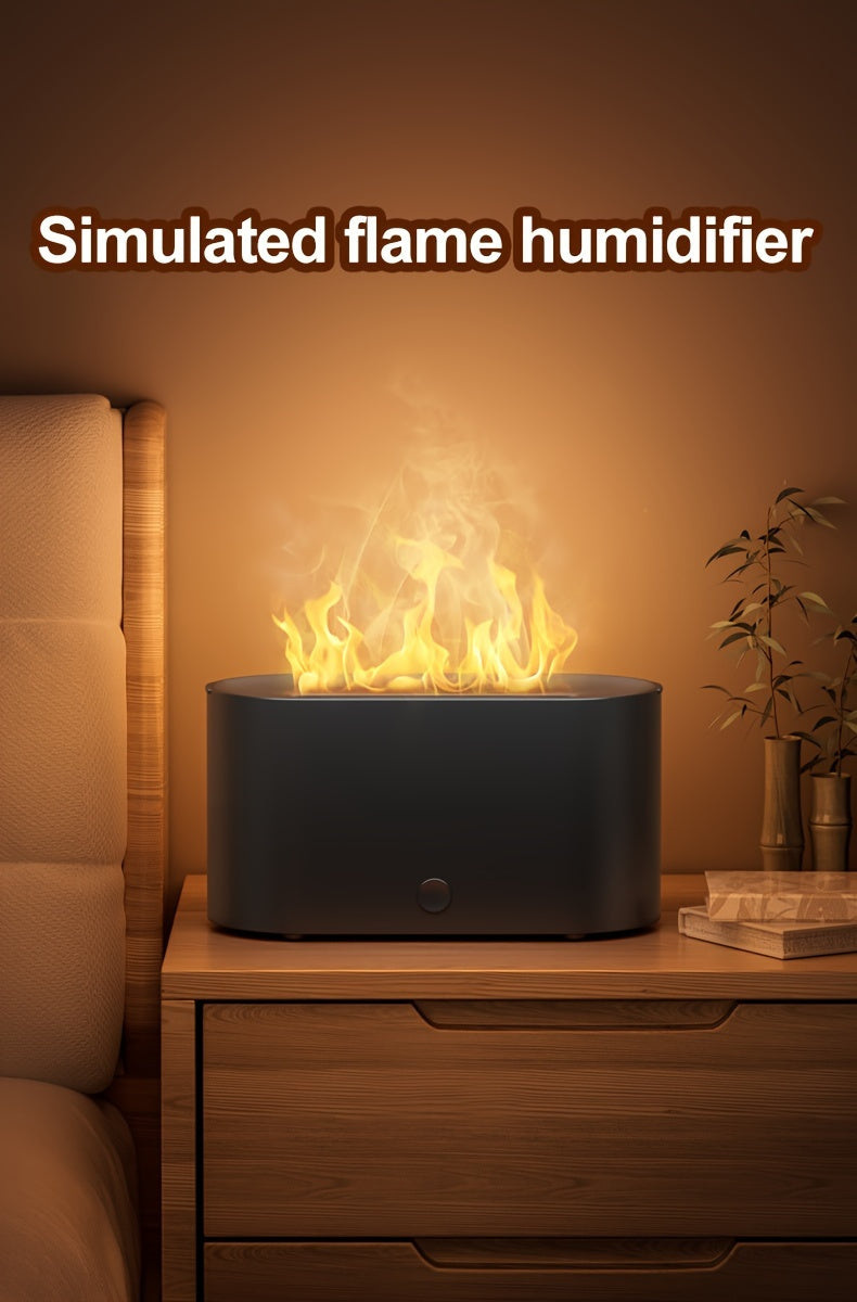 Humidificador con forma de llama simulada y 7 colores, que también funciona como difusor de fragancias con aceites esenciales. Incluye luz ambiental y es ideal como regalo de cumpleaños o Navidad para el hogar u oficina.