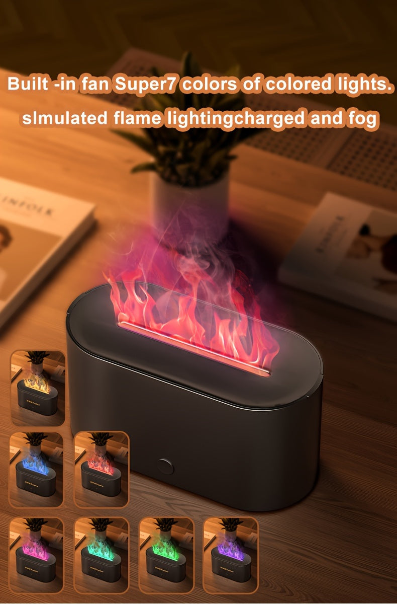 Humidificador con forma de llama simulada y 7 colores, que también funciona como difusor de fragancias con aceites esenciales. Incluye luz ambiental y es ideal como regalo de cumpleaños o Navidad para el hogar u oficina.