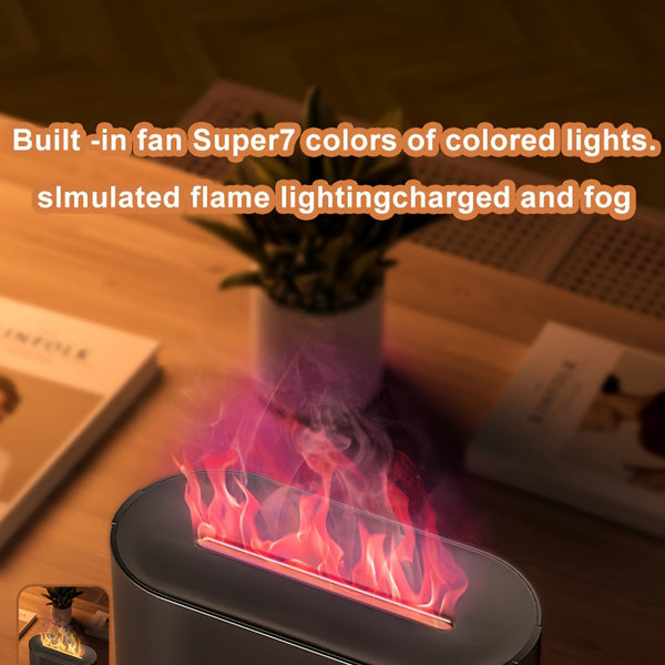 Humidificador con forma de llama simulada y 7 colores, que también funciona como difusor de fragancias con aceites esenciales. Incluye luz ambiental y es ideal como regalo de cumpleaños o Navidad para el hogar u oficina.