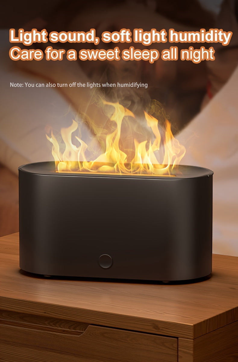 Humidificador con forma de llama simulada y 7 colores, que también funciona como difusor de fragancias con aceites esenciales. Incluye luz ambiental y es ideal como regalo de cumpleaños o Navidad para el hogar u oficina.