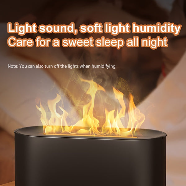 Humidificador con forma de llama simulada y 7 colores, que también funciona como difusor de fragancias con aceites esenciales. Incluye luz ambiental y es ideal como regalo de cumpleaños o Navidad para el hogar u oficina.