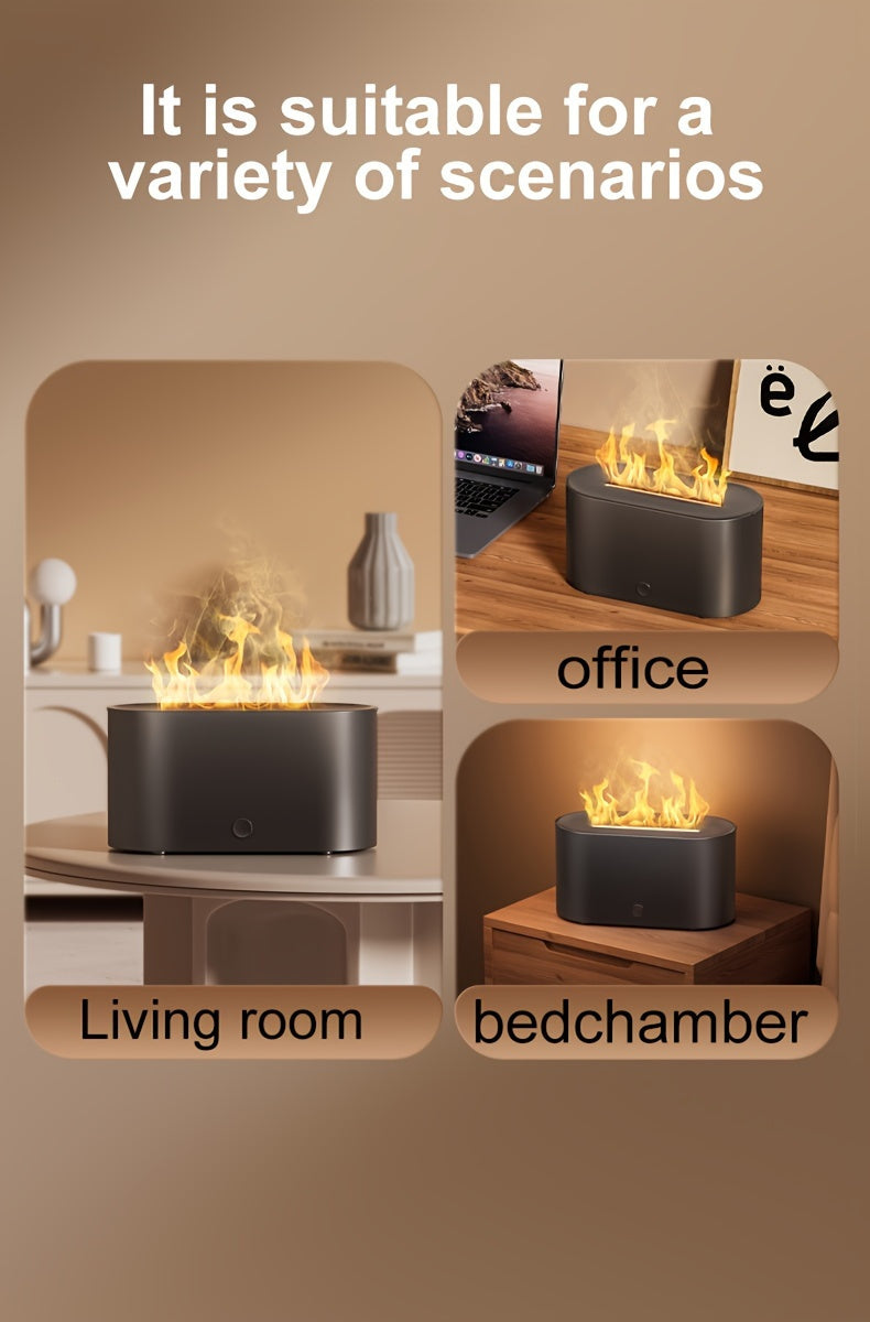 Humidificador con forma de llama simulada y 7 colores, que también funciona como difusor de fragancias con aceites esenciales. Incluye luz ambiental y es ideal como regalo de cumpleaños o Navidad para el hogar u oficina.