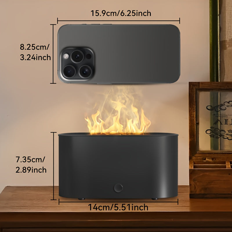 Humidificador con forma de llama simulada y 7 colores, que también funciona como difusor de fragancias con aceites esenciales. Incluye luz ambiental y es ideal como regalo de cumpleaños o Navidad para el hogar u oficina.