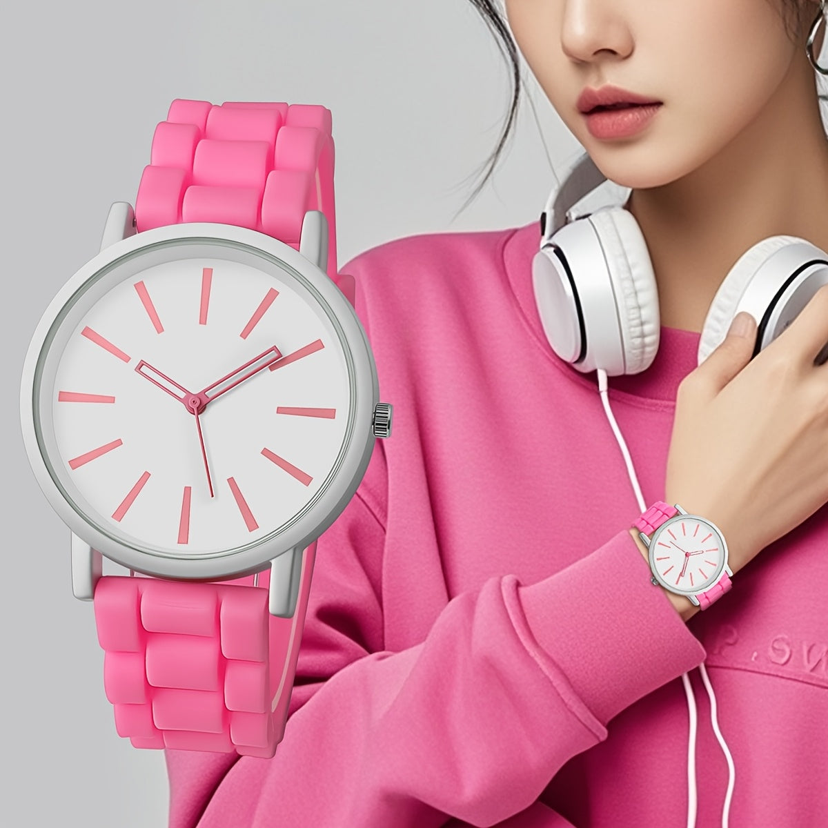 Reloj de cuarzo redondo sencillo y elegante - Reloj de pulsera casual de moda con correa de silicona para mujeres - Caja no de aleación, marcadores de barra, varios colores, operado con batería (batería de botón ＜20mm)