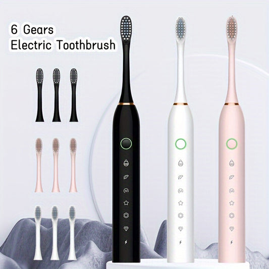Cepillo de dientes eléctrico con temporizador de 6 modos, eléctrico con temporizador inteligente de 6 modos para adultos, recargable por USB, con cabezal de repuesto, disponible en 3 colores. Una e