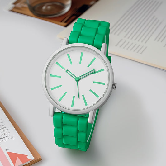 Reloj de cuarzo redondo sencillo y elegante - Reloj de pulsera casual de moda con correa de silicona para mujeres - Caja no de aleación, marcadores de barra, varios colores, operado con batería (batería de botón ＜20mm)