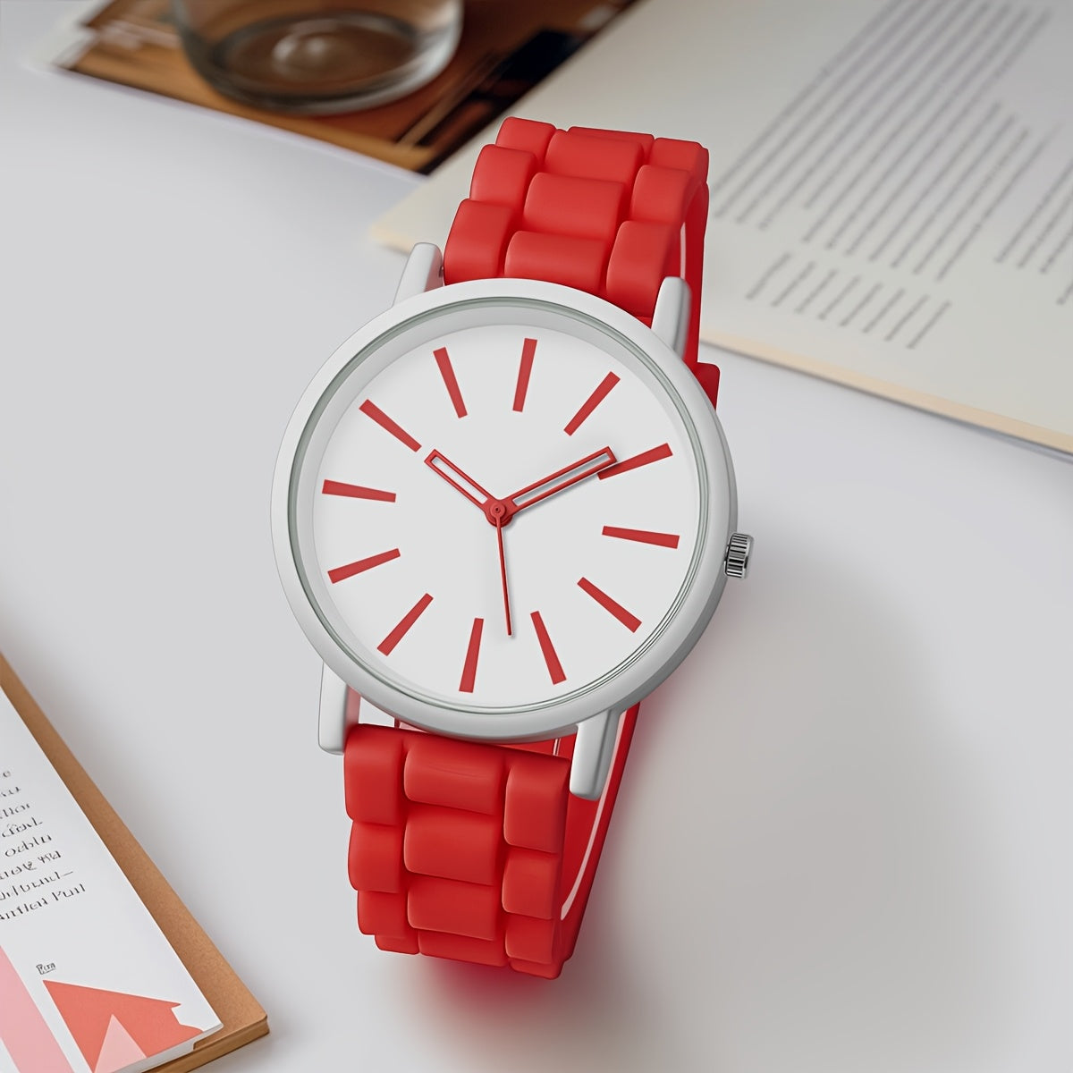 Reloj de cuarzo redondo sencillo y elegante - Reloj de pulsera casual de moda con correa de silicona para mujeres - Caja no de aleación, marcadores de barra, varios colores, operado con batería (batería de botón ＜20mm)