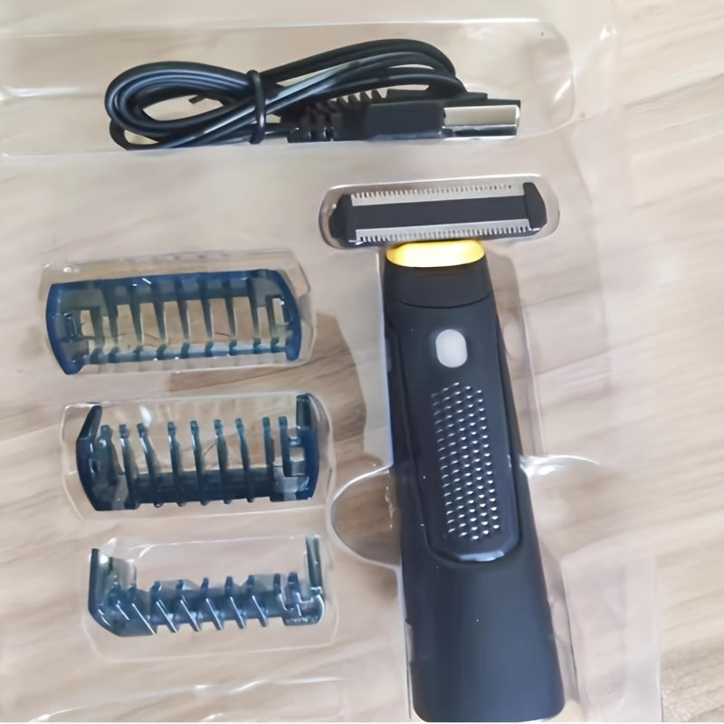 Recortadora eléctrica para hombres recargable por USB - Elegante diseño en negro con detalles amarillos, batería de 800mAh, incluye 3 peines de aseo, afeitadora portátil mini.