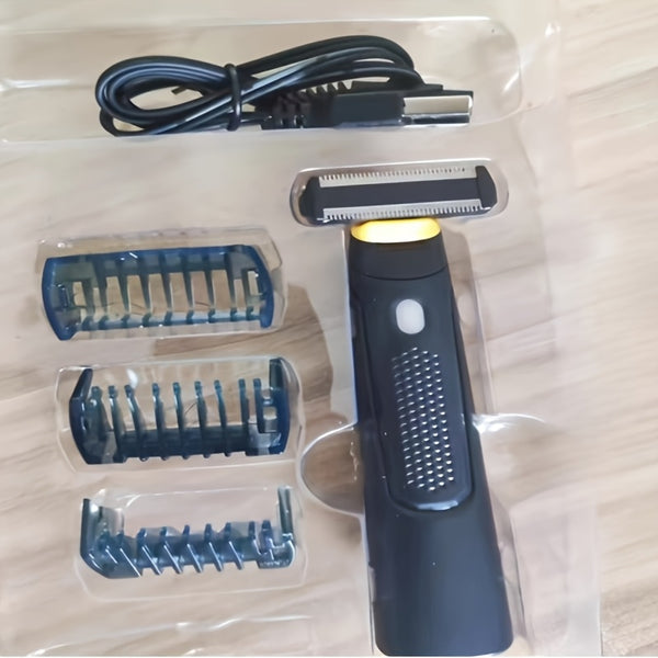Recortadora eléctrica para hombres recargable por USB - Elegante diseño en negro con detalles amarillos, batería de 800mAh, incluye 3 peines de aseo, afeitadora portátil mini.