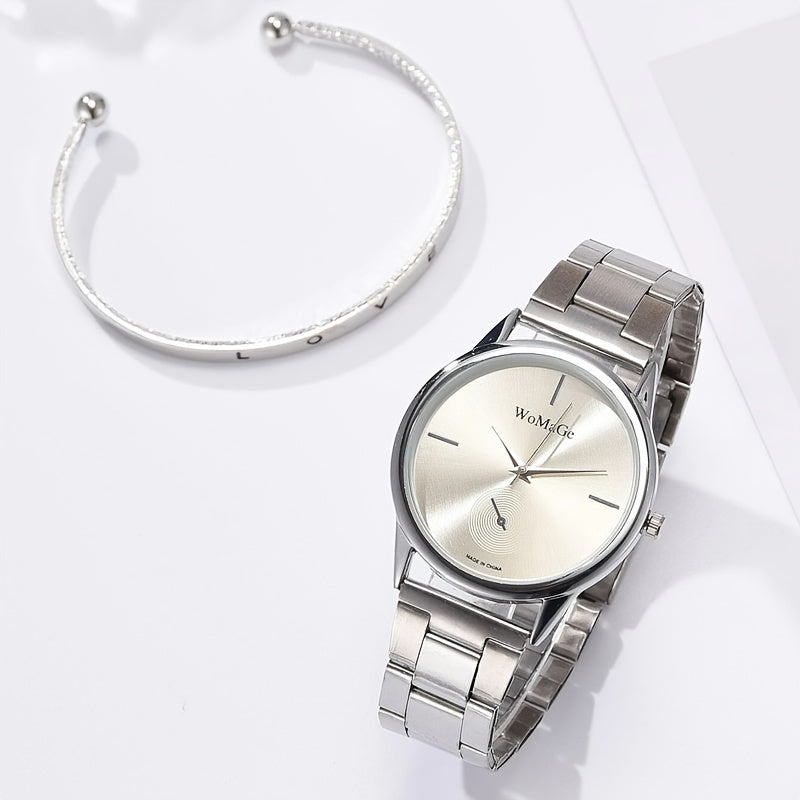 Conjunto reloj y pulsera de cuarzo plateados.