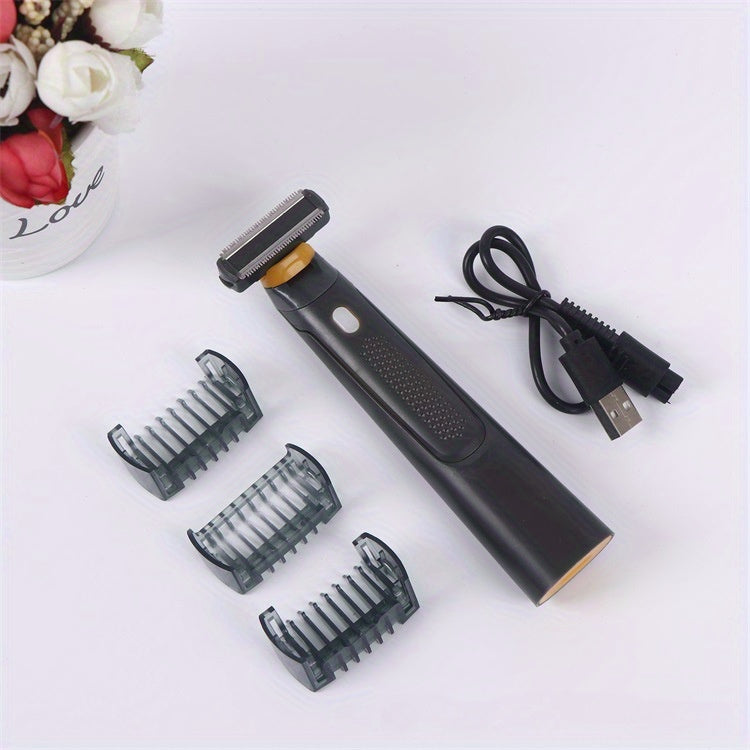 Recortadora eléctrica para hombres recargable por USB - Elegante diseño en negro con detalles amarillos, batería de 800mAh, incluye 3 peines de aseo, afeitadora portátil mini.