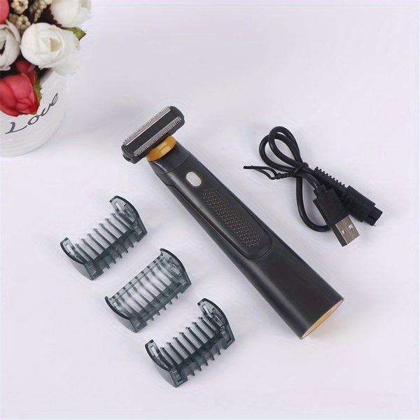 Recortadora eléctrica para hombres recargable por USB - Elegante diseño en negro con detalles amarillos, batería de 800mAh, incluye 3 peines de aseo, afeitadora portátil mini.