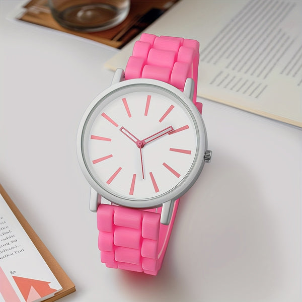 Reloj de cuarzo redondo sencillo y elegante - Reloj de pulsera casual de moda con correa de silicona para mujeres - Caja no de aleación, marcadores de barra, varios colores, operado con batería (batería de botón ＜20mm)