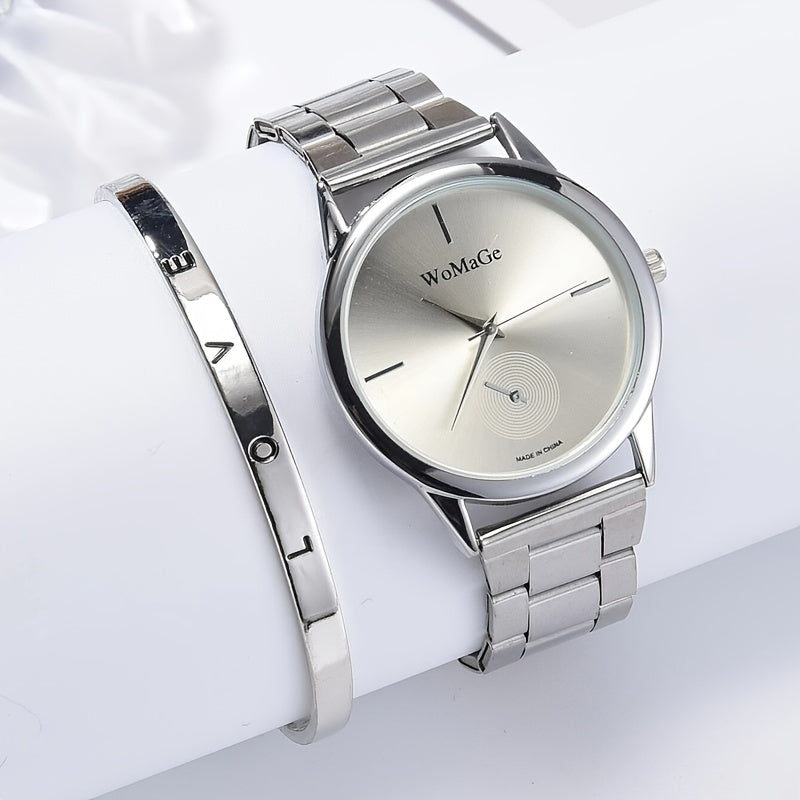 Conjunto reloj y pulsera de cuarzo plateados.