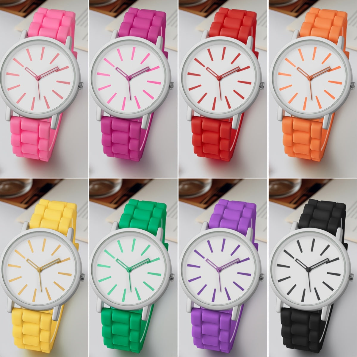 Reloj de cuarzo redondo sencillo y elegante - Reloj de pulsera casual de moda con correa de silicona para mujeres - Caja no de aleación, marcadores de barra, varios colores, operado con batería (batería de botón ＜20mm)