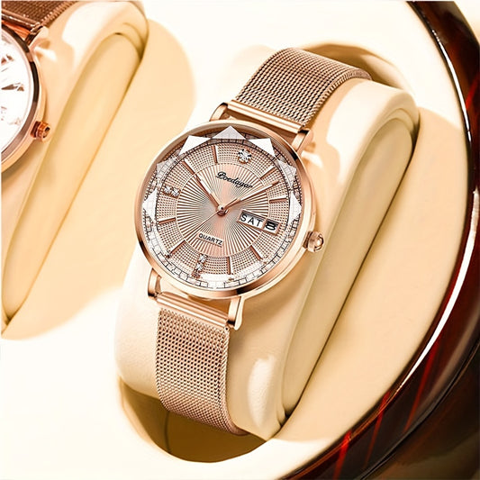 Reloj de cuarzo de lujo con función de día y fecha, correa de malla de acero inoxidable, acentos de diamantes de imitación brillantes, pantalla luminosa, elección perfecta para un regalo.