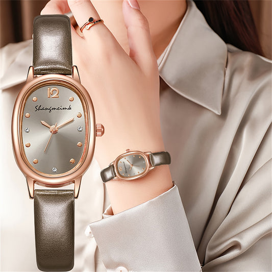 Reloj de cuarzo elegante con puntero ovalado para mujer, reloj de pulsera de cuero PU con diseño analógico de moda, regalo para mamá o ella.