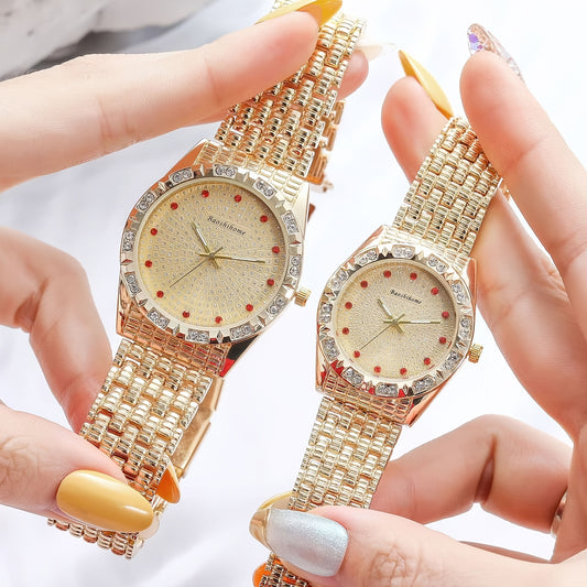 Conjunto de relojes elegantes para parejas: relojes de pulsera de cuarzo de lujo con incrustaciones de diamantes de imitación y correa de aleación dorada ajustable, caja glamorosa de oro rosa para hombres y mujeres