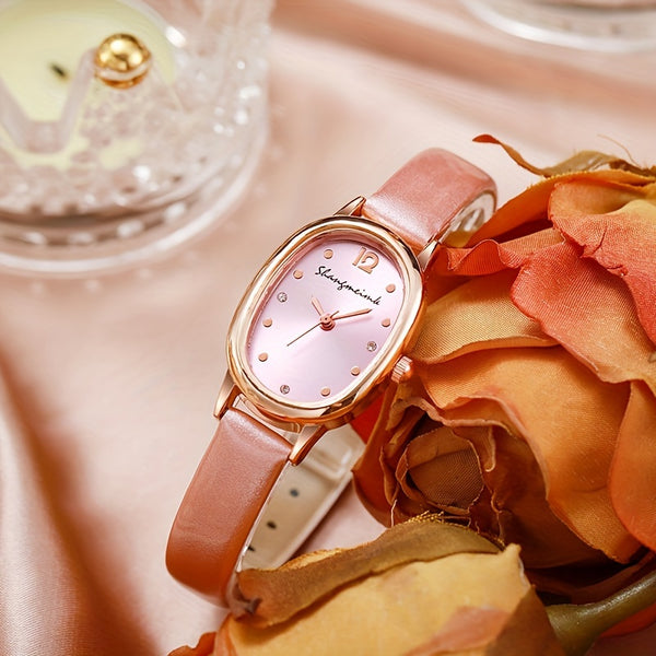Reloj de cuarzo elegante con puntero ovalado para mujer, reloj de pulsera de cuero PU con diseño analógico de moda, regalo para mamá o ella.