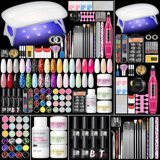 Kit de uñas acrílicas Coscelia con luz UV y taladro  
Juego completo para principiantes con purpurina, líquido, pinceles, base y capa superior  
Ideal para manicura DIY y regalos de arte de uñas  
Accesorios para uñas, C