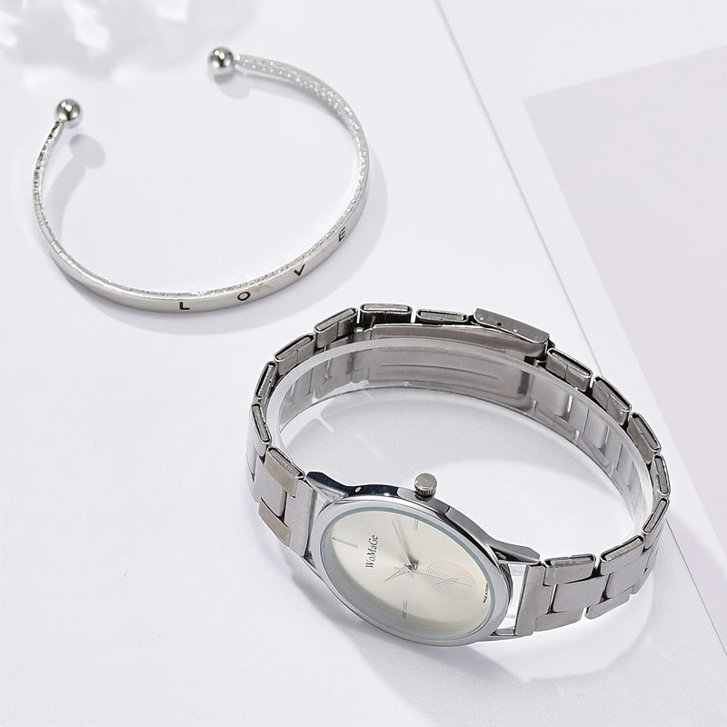 Conjunto reloj y pulsera de cuarzo plateados.