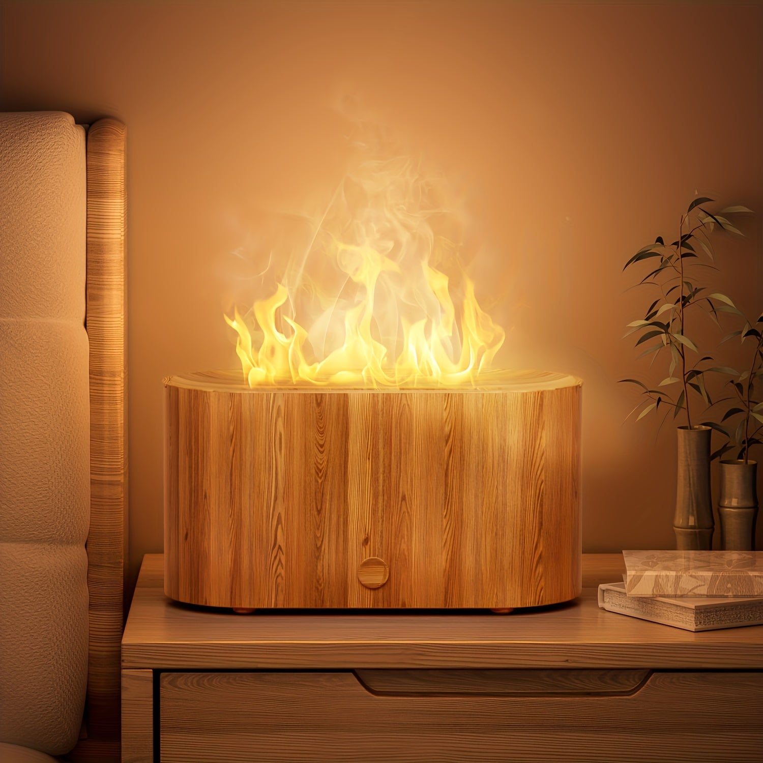 Humidificador con forma de llama simulada y 7 colores, que también funciona como difusor de fragancias con aceites esenciales. Incluye luz ambiental y es ideal como regalo de cumpleaños o Navidad para el hogar u oficina.