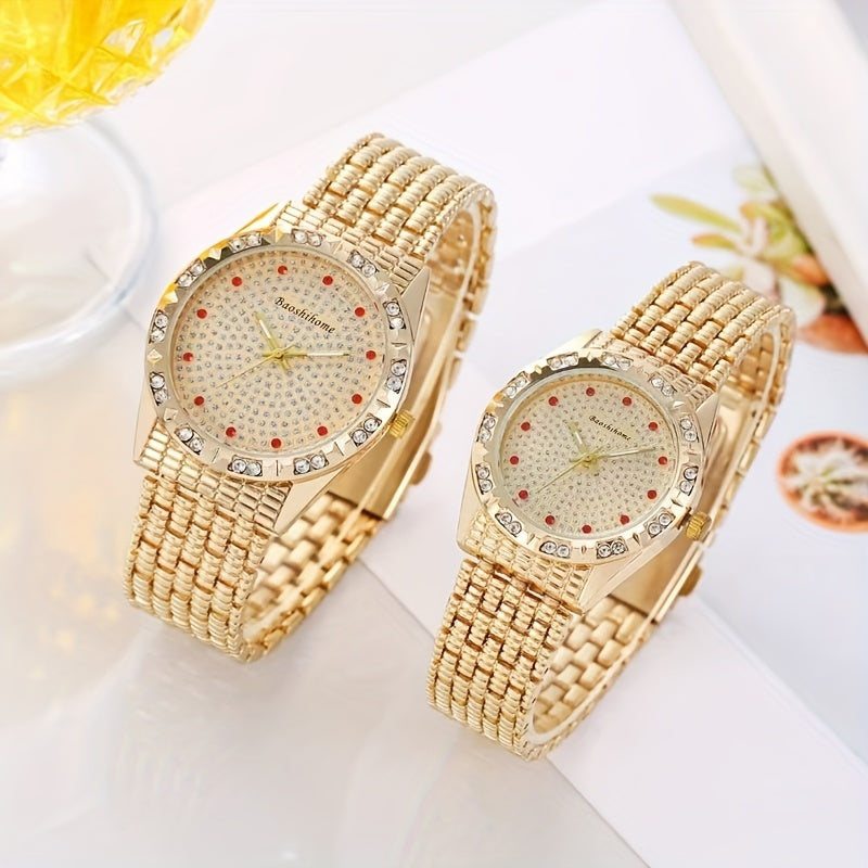 Conjunto de relojes elegantes para parejas: relojes de pulsera de cuarzo de lujo con incrustaciones de diamantes de imitación y correa de aleación dorada ajustable, caja glamorosa de oro rosa para hombres y mujeres