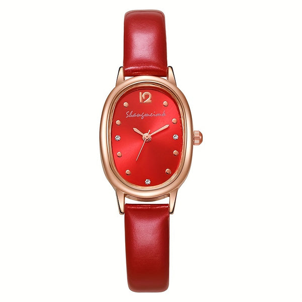 Reloj de cuarzo elegante con puntero ovalado para mujer, reloj de pulsera de cuero PU con diseño analógico de moda, regalo para mamá o ella.