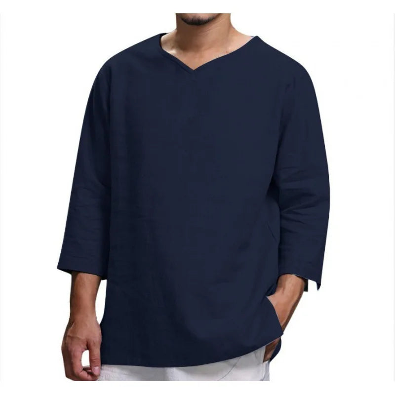 Primavera nueva camiseta de lino y algodón para hombre, camisetas de vendaje con cuello en V de Color sólido para hombre, camiseta informal de lino de manga larga