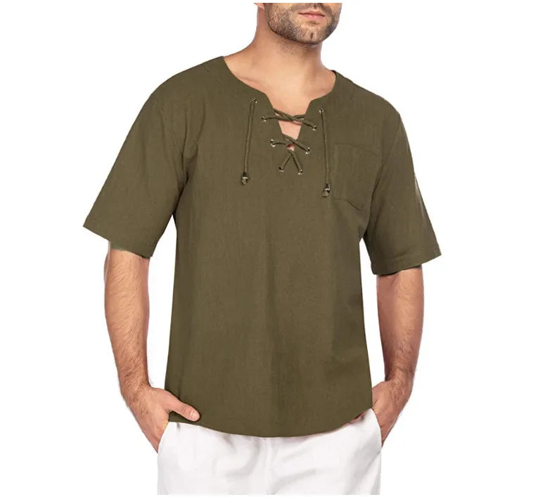 Primavera nueva camiseta de lino y algodón para hombre, camisetas de vendaje con cuello en V de Color sólido para hombre, camiseta informal de lino de manga larga