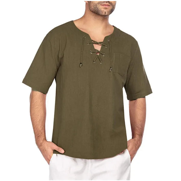 Primavera nueva camiseta de lino y algodón para hombre, camisetas de vendaje con cuello en V de Color sólido para hombre, camiseta informal de lino de manga larga