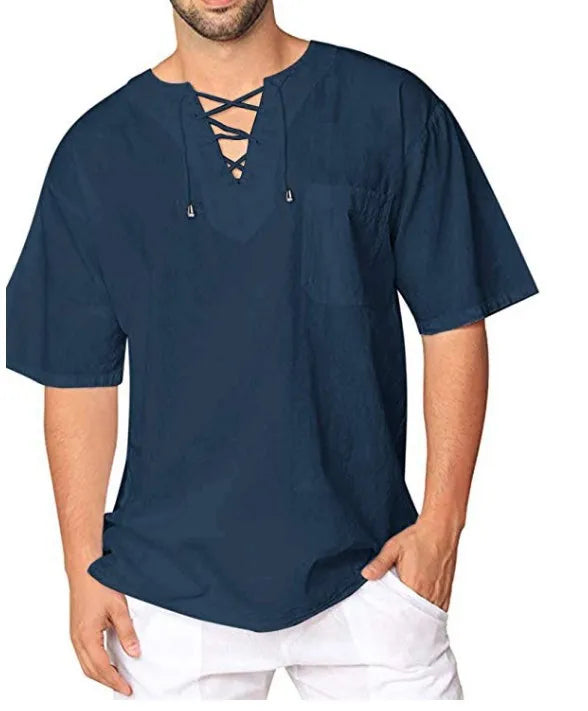 Primavera nueva camiseta de lino y algodón para hombre, camisetas de vendaje con cuello en V de Color sólido para hombre, camiseta informal de lino de manga larga