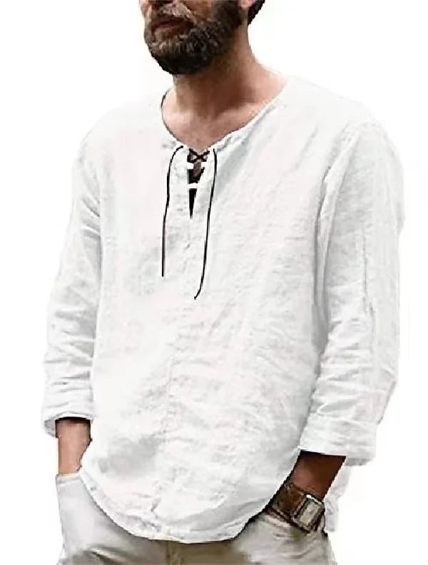 Primavera nueva camiseta de lino y algodón para hombre, camisetas de vendaje con cuello en V de Color sólido para hombre, camiseta informal de lino de manga larga