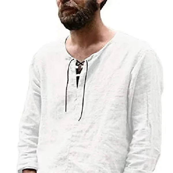 Primavera nueva camiseta de lino y algodón para hombre, camisetas de vendaje con cuello en V de Color sólido para hombre, camiseta informal de lino de manga larga