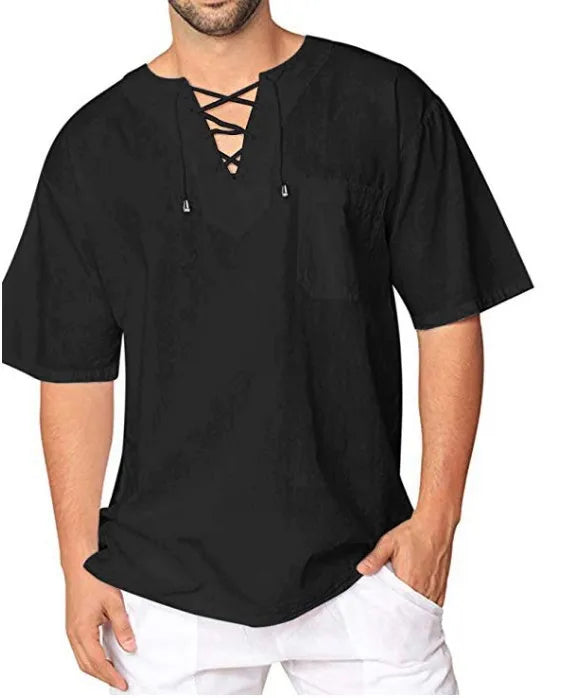 Primavera nueva camiseta de lino y algodón para hombre, camisetas de vendaje con cuello en V de Color sólido para hombre, camiseta informal de lino de manga larga