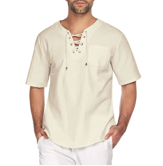 Primavera nueva camiseta de lino y algodón para hombre, camisetas de vendaje con cuello en V de Color sólido para hombre, camiseta informal de lino de manga larga
