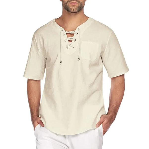 Primavera nueva camiseta de lino y algodón para hombre, camisetas de vendaje con cuello en V de Color sólido para hombre, camiseta informal de lino de manga larga