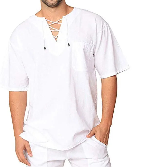 Primavera nueva camiseta de lino y algodón para hombre, camisetas de vendaje con cuello en V de Color sólido para hombre, camiseta informal de lino de manga larga